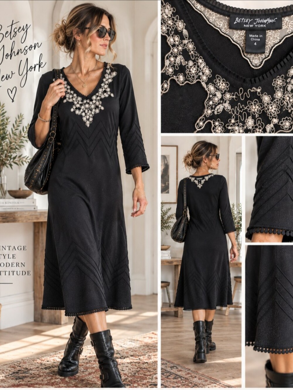 Vintage Y2K Betsey Johnson New York Black Embroidered Midi Dress – Size 4
